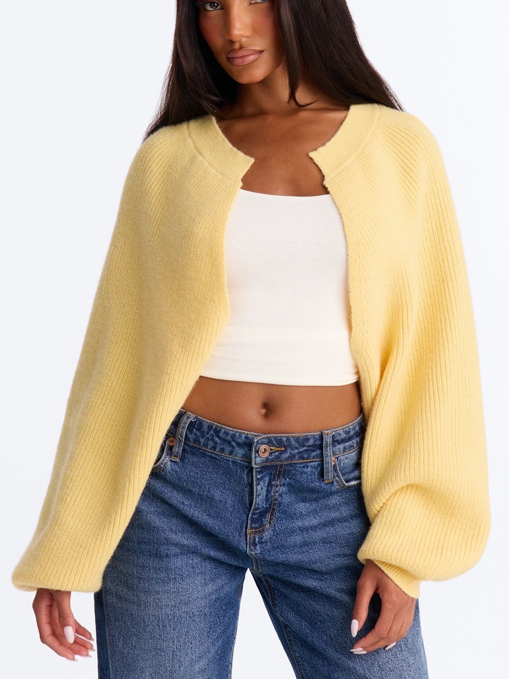 Fashion Nova Pale Yellow Open-Front Cropped Sweater Shrug